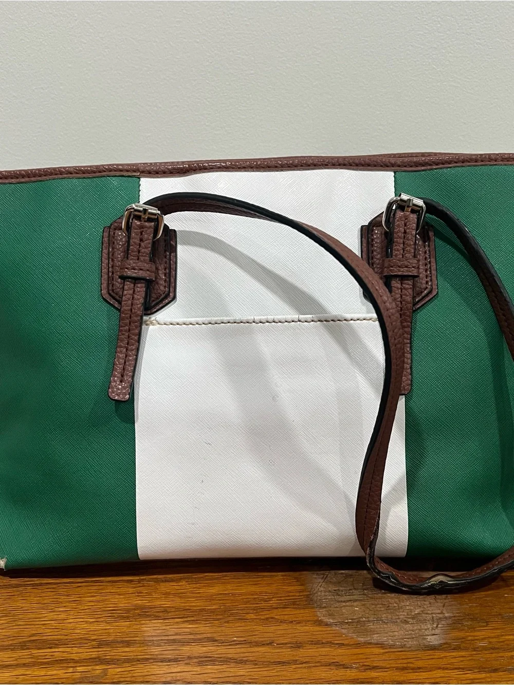 Dana Buchman Green White Color Block Faux Patent Leather Danny Shopper Purse